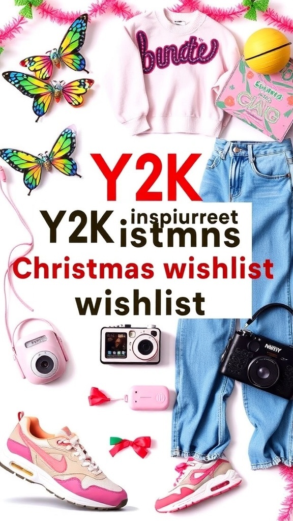 Y2K Inspired Christmas Wishlist A collage of Y2K inspired Christmas wishlist items including butterfly clips, low-rise jeans, and chunky sneakers.